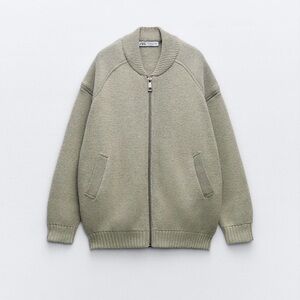 ZARA Sage Green Thick Knit Wool Blend Sweater Bomber Jacket w Side Zipper L-XL